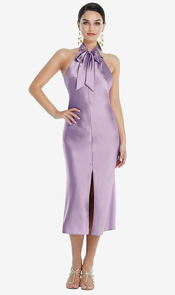 Front View - Pale Purple Scarf Tie Stand Collar Midi Bias Dress with Front Slit