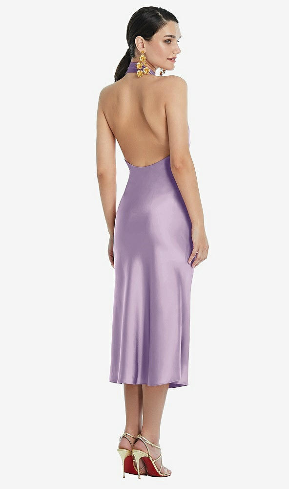 Back View - Pale Purple Scarf Tie Stand Collar Midi Bias Dress with Front Slit