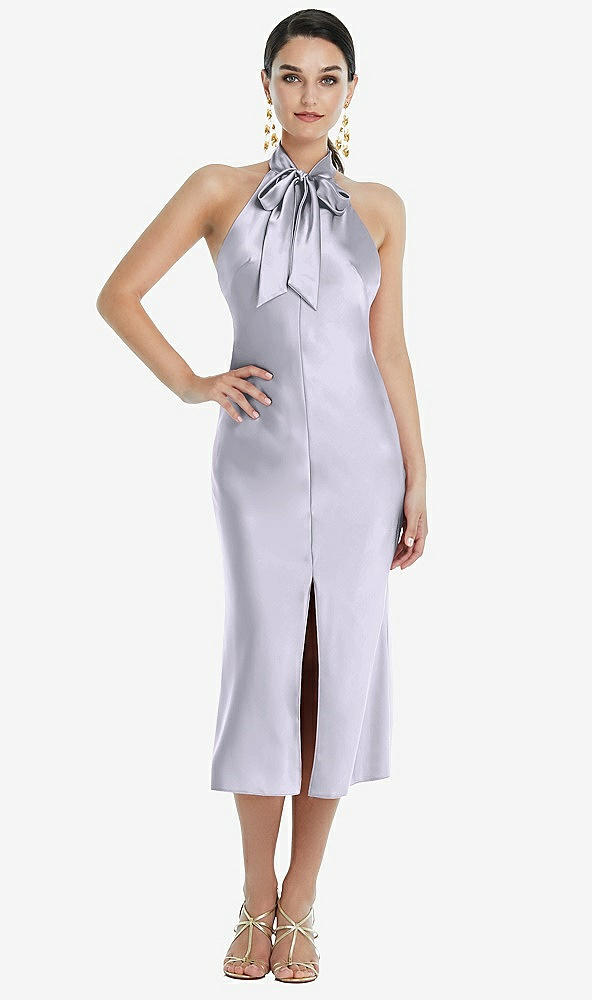 Front View - Silver Dove Scarf Tie Stand Collar Midi Bias Dress with Front Slit