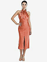Front View Thumbnail - Terracotta Copper Scarf Tie Stand Collar Midi Bias Dress with Front Slit