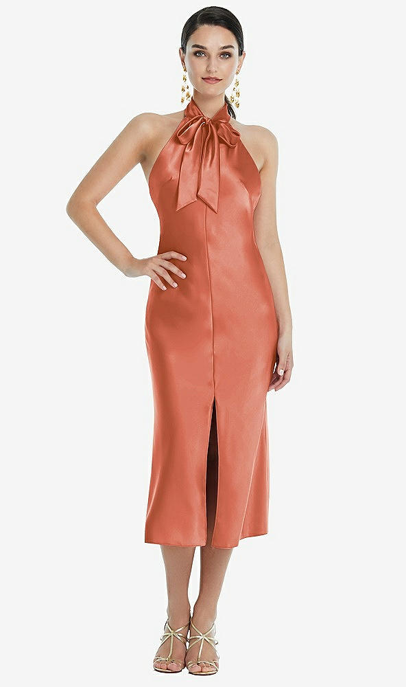 Front View - Terracotta Copper Scarf Tie Stand Collar Midi Bias Dress with Front Slit