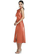 Side View Thumbnail - Terracotta Copper Scarf Tie Stand Collar Midi Bias Dress with Front Slit