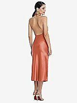 Rear View Thumbnail - Terracotta Copper Scarf Tie Stand Collar Midi Bias Dress with Front Slit