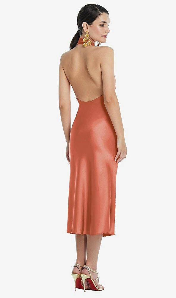 Back View - Terracotta Copper Scarf Tie Stand Collar Midi Bias Dress with Front Slit