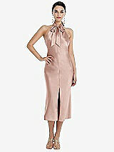 Front View Thumbnail - Toasted Sugar Scarf Tie Stand Collar Midi Bias Dress with Front Slit