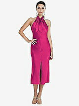 Front View Thumbnail - Think Pink Scarf Tie Stand Collar Midi Bias Dress with Front Slit