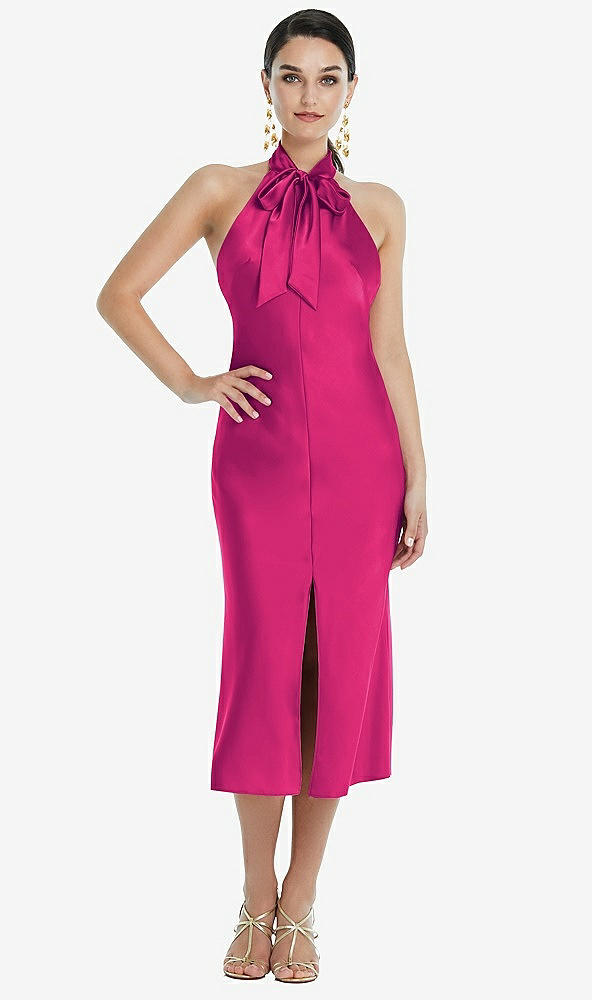 Front View - Think Pink Scarf Tie Stand Collar Midi Bias Dress with Front Slit