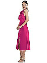 Side View Thumbnail - Think Pink Scarf Tie Stand Collar Midi Bias Dress with Front Slit