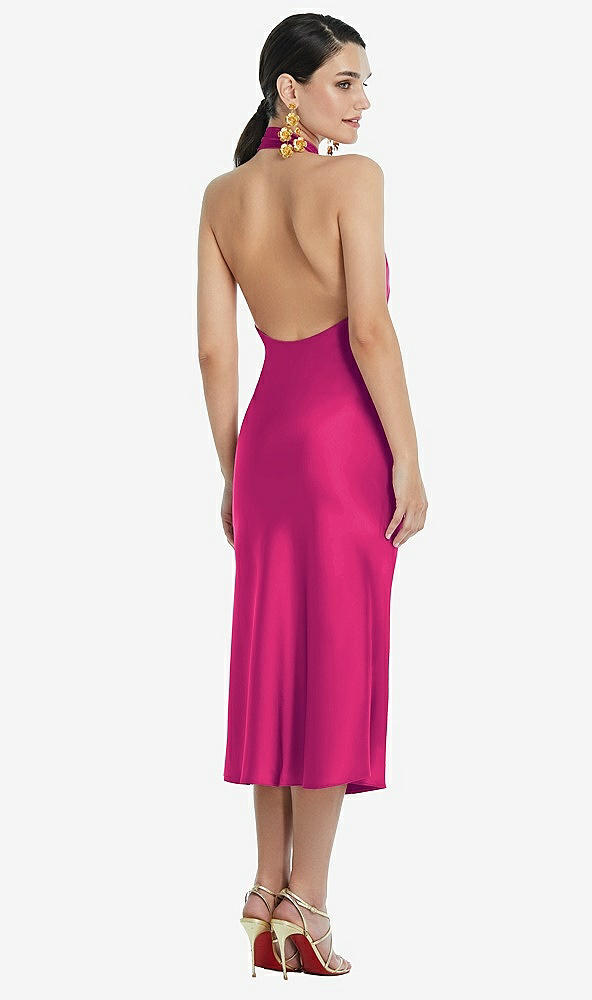 Back View - Think Pink Scarf Tie Stand Collar Midi Bias Dress with Front Slit
