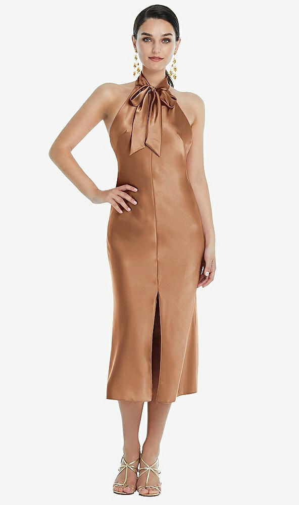 Front View - Toffee Scarf Tie Stand Collar Midi Bias Dress with Front Slit