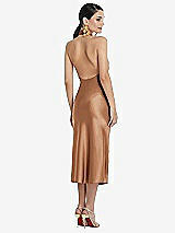 Rear View Thumbnail - Toffee Scarf Tie Stand Collar Midi Bias Dress with Front Slit