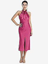 Front View Thumbnail - Tea Rose Scarf Tie Stand Collar Midi Bias Dress with Front Slit