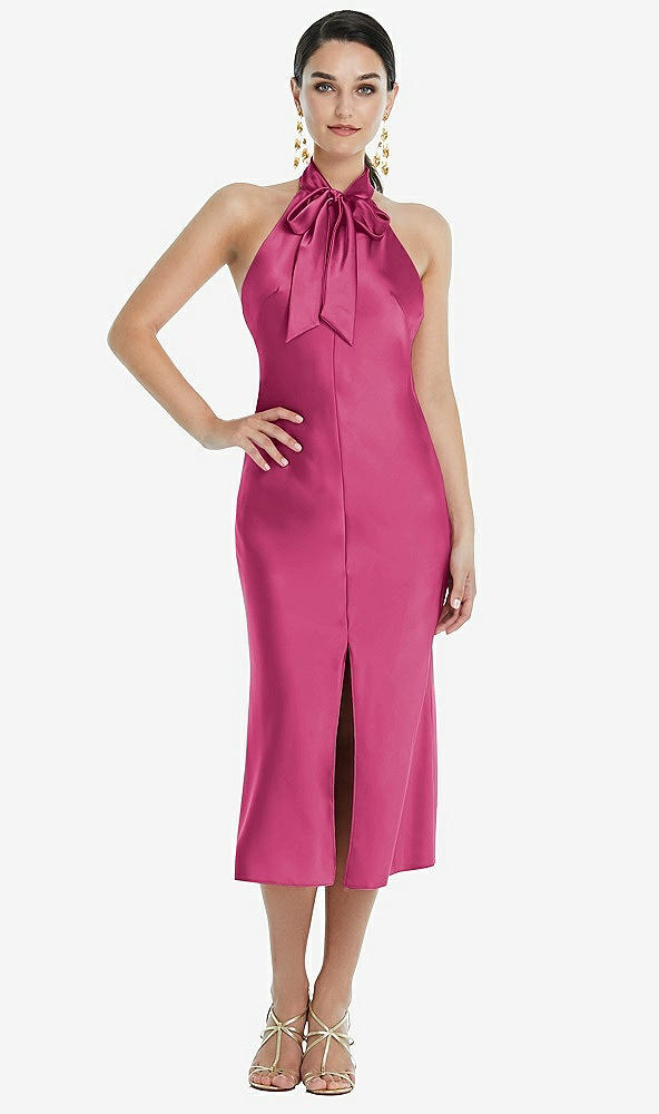 Front View - Tea Rose Scarf Tie Stand Collar Midi Bias Dress with Front Slit