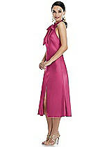 Side View Thumbnail - Tea Rose Scarf Tie Stand Collar Midi Bias Dress with Front Slit