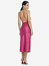Rear View Thumbnail - Tea Rose Scarf Tie Stand Collar Midi Bias Dress with Front Slit
