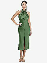 Front View Thumbnail - Vineyard Green Scarf Tie Stand Collar Midi Bias Dress with Front Slit