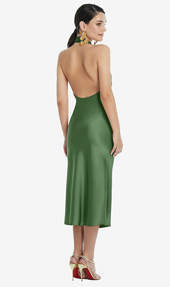 Back View - Vineyard Green Scarf Tie Stand Collar Midi Bias Dress with Front Slit