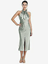 Front View Thumbnail - Willow Green Scarf Tie Stand Collar Midi Bias Dress with Front Slit