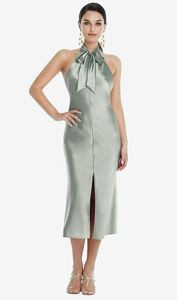 Front View - Willow Green Scarf Tie Stand Collar Midi Bias Dress with Front Slit