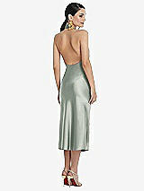 Rear View Thumbnail - Willow Green Scarf Tie Stand Collar Midi Bias Dress with Front Slit