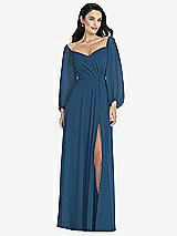 Alt View 1 Thumbnail - Dusk Blue Off-the-Shoulder Puff Sleeve Maxi Dress with Front Slit