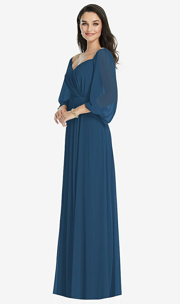 Front View - Dusk Blue Off-the-Shoulder Puff Sleeve Maxi Dress with Front Slit