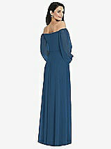 Rear View Thumbnail - Dusk Blue Off-the-Shoulder Puff Sleeve Maxi Dress with Front Slit