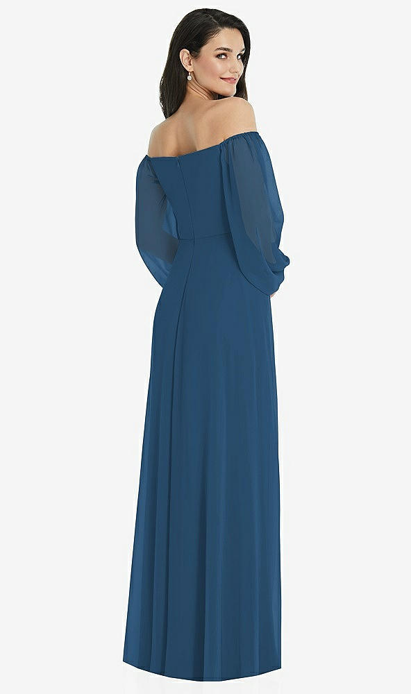 Back View - Dusk Blue Off-the-Shoulder Puff Sleeve Maxi Dress with Front Slit