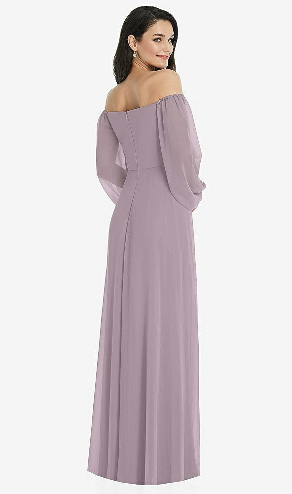 Back View - Lilac Dusk Off-the-Shoulder Puff Sleeve Maxi Dress with Front Slit