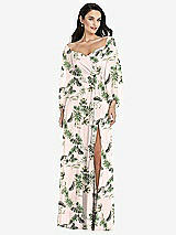 Alt View 1 Thumbnail - Palm Beach Print Off-the-Shoulder Puff Sleeve Maxi Dress with Front Slit