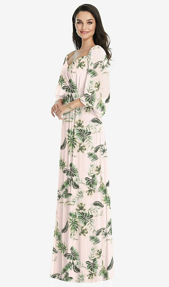 Front View - Palm Beach Print Off-the-Shoulder Puff Sleeve Maxi Dress with Front Slit