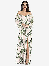 Side View Thumbnail - Palm Beach Print Off-the-Shoulder Puff Sleeve Maxi Dress with Front Slit