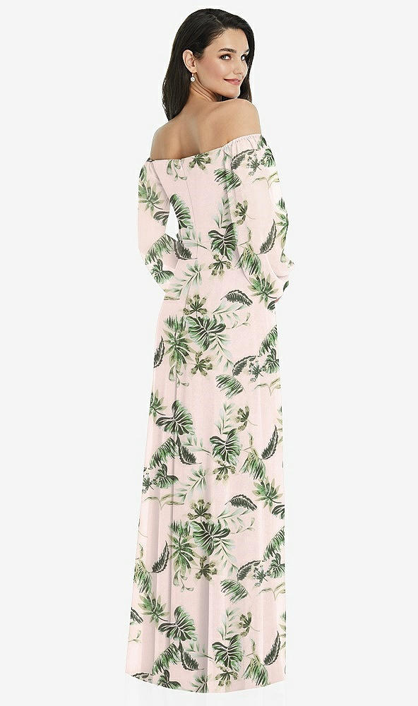 Back View - Palm Beach Print Off-the-Shoulder Puff Sleeve Maxi Dress with Front Slit