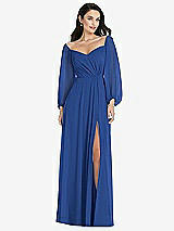 Alt View 1 Thumbnail - Classic Blue Off-the-Shoulder Puff Sleeve Maxi Dress with Front Slit