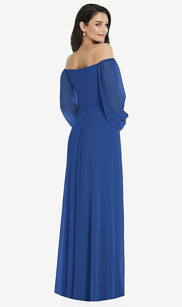Back View - Classic Blue Off-the-Shoulder Puff Sleeve Maxi Dress with Front Slit