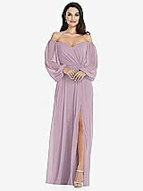 Side View Thumbnail - Suede Rose Off-the-Shoulder Puff Sleeve Maxi Dress with Front Slit