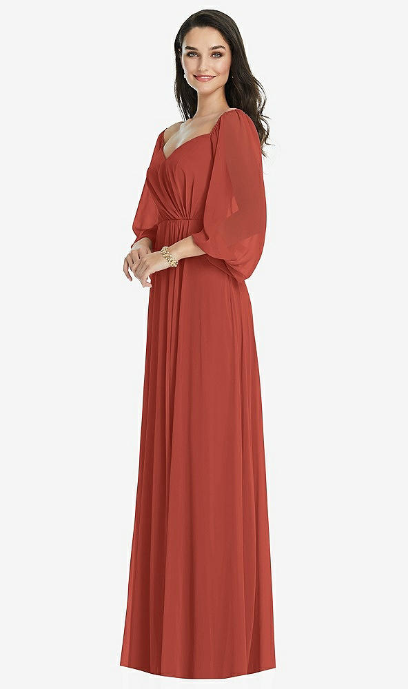 Front View - Amber Sunset Off-the-Shoulder Puff Sleeve Maxi Dress with Front Slit