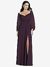 Alt View 1 Thumbnail - Aubergine Off-the-Shoulder Puff Sleeve Maxi Dress with Front Slit