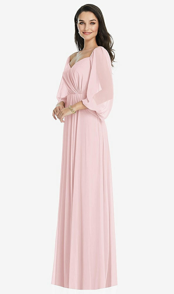 Front View - Ballet Pink Off-the-Shoulder Puff Sleeve Maxi Dress with Front Slit
