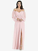 Side View Thumbnail - Ballet Pink Off-the-Shoulder Puff Sleeve Maxi Dress with Front Slit