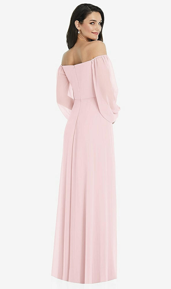 Back View - Ballet Pink Off-the-Shoulder Puff Sleeve Maxi Dress with Front Slit
