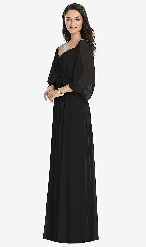 Front View - Black Off-the-Shoulder Puff Sleeve Maxi Dress with Front Slit