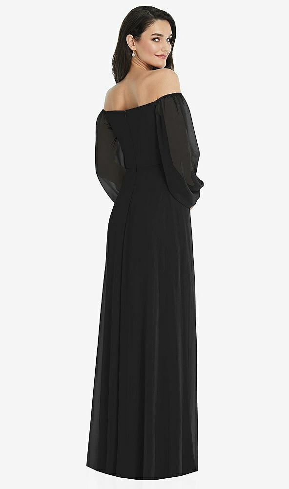 Back View - Black Off-the-Shoulder Puff Sleeve Maxi Dress with Front Slit