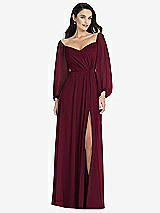 Alt View 1 Thumbnail - Cabernet Off-the-Shoulder Puff Sleeve Maxi Dress with Front Slit
