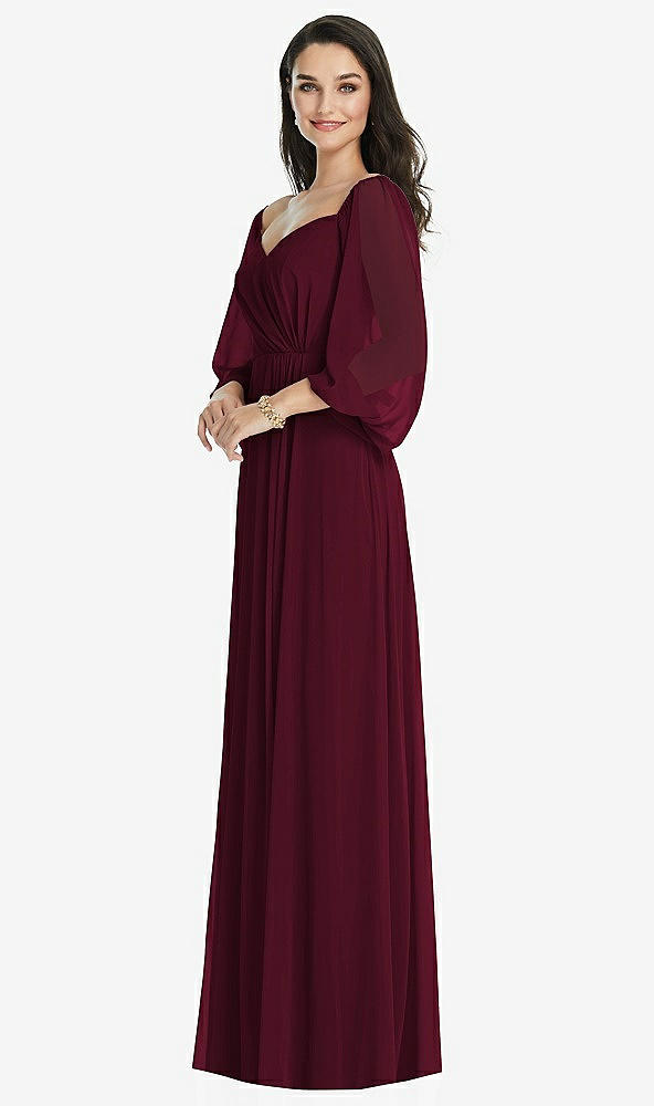 Front View - Cabernet Off-the-Shoulder Puff Sleeve Maxi Dress with Front Slit