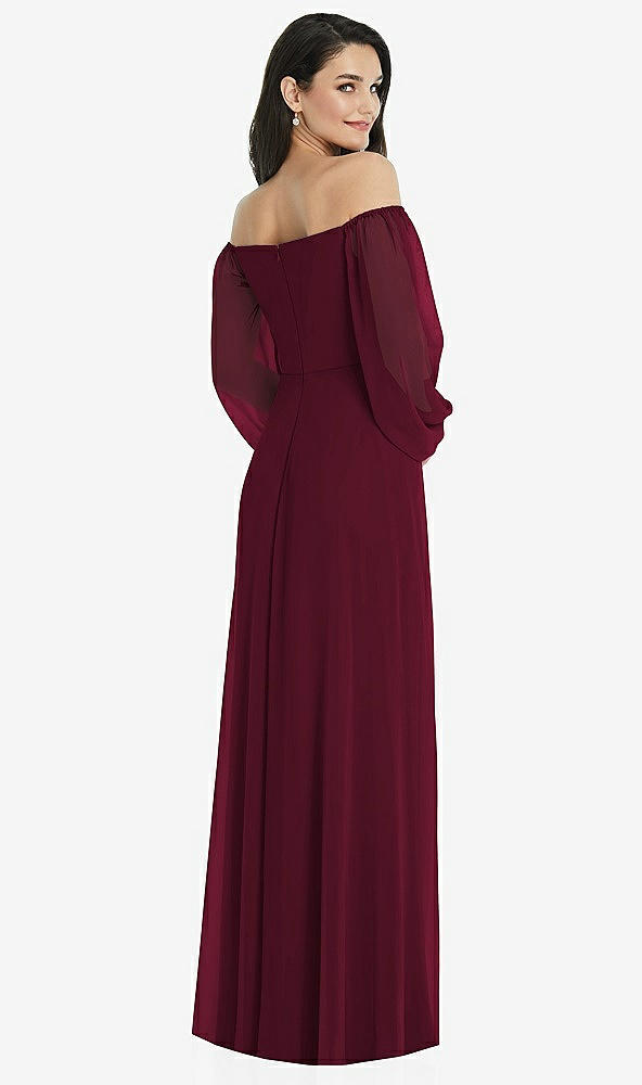 Back View - Cabernet Off-the-Shoulder Puff Sleeve Maxi Dress with Front Slit