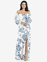 Side View Thumbnail - Cottage Rose Dusk Blue Off-the-Shoulder Puff Sleeve Maxi Dress with Front Slit