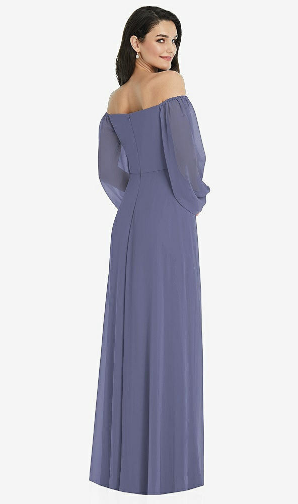 Back View - French Blue Off-the-Shoulder Puff Sleeve Maxi Dress with Front Slit