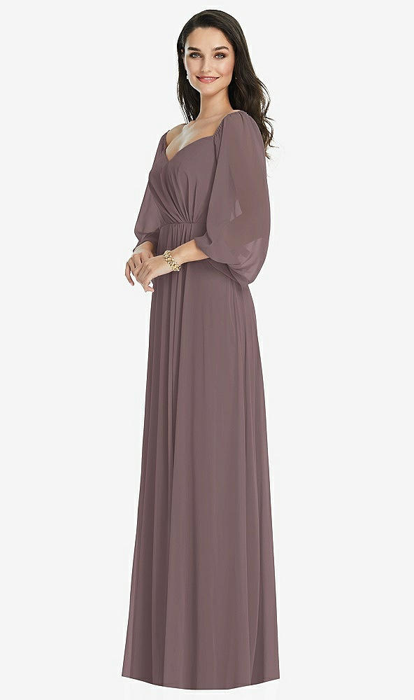 Front View - French Truffle Off-the-Shoulder Puff Sleeve Maxi Dress with Front Slit