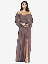 Side View Thumbnail - French Truffle Off-the-Shoulder Puff Sleeve Maxi Dress with Front Slit